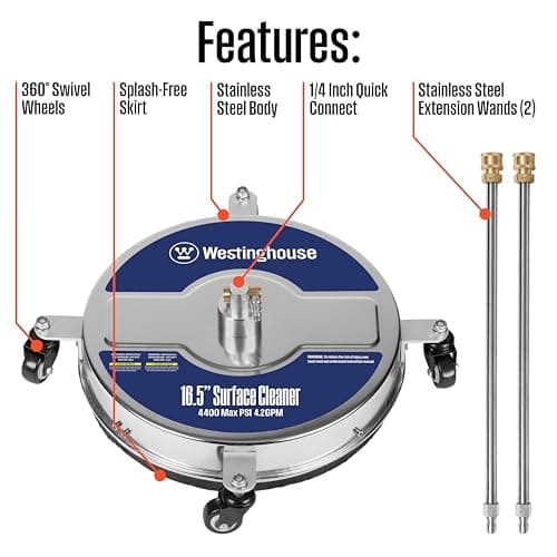 Westinghouse Universal 16.5” Pressure Washer Surface Cleaner Attachment - Stainless Steel - 4400 Max PSI, 1/4” Connector - for Gas and Electric Pressure Washers