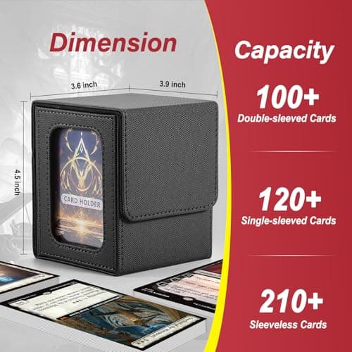 MTG Deck Box, Double Display Window MTG, Commander Deck Box Fits 120+ Single Sleeved Cards, PU Leather Magnetic Closure Card Box with 2 Dividers&2 Toploaders for TCG, CCG, Black