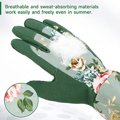 Gardening Gloves, Durable and Comfortable Women's Long Garden Gloves for Gardening Work and Yard Work, Leather Gardening Gloves for Women, Green Print (Medium)