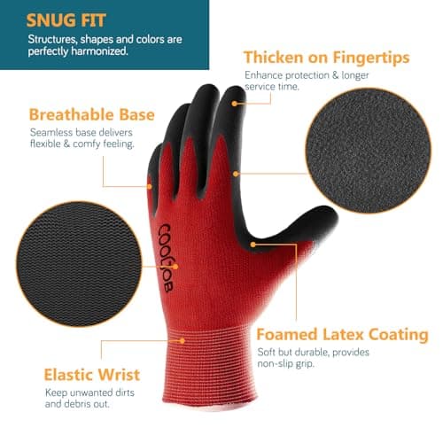 COOLJOB Gardening Gloves for Men, 2 Pairs Breathable Rubber Coated for Garden Weeding Landscaping, Outside Work for Lawn Yard, Men's Medium Size, Black & Red
