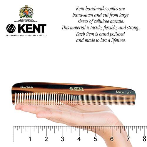 KENT 9T Double Tooth Dressing Table Comb, Tortoise Fine and Wide Tooth Coarse/Fine Dresser Comb for Hair, Beard, Mustache Styling, Grooming - For Men, Women, and Kids, Made in England