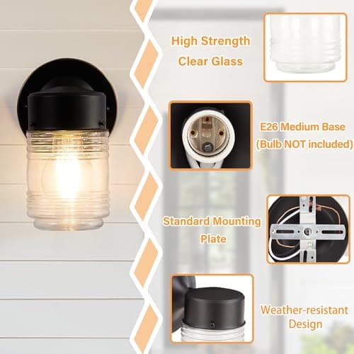 2 Pack Outdoor Wall Lantern, Exterior Waterproof Wall Sconce Light Fixtures, Black Front Door Lighting with Clear Glass Shade, Anti-Rust E26 Socket Porch Lights for Entryway