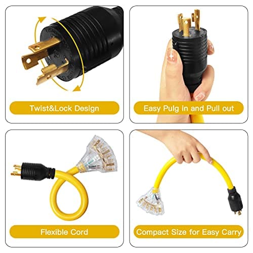 30 Amp to 110 Adapter Generator Power Cord, 3 Prong 30 Amp to 15 A Generator Adapter, Nema L5-30P Male Twist-Lock Power Plug to 3X 5-20R/5-15R 3-Way Outlet Female with Light Indicator