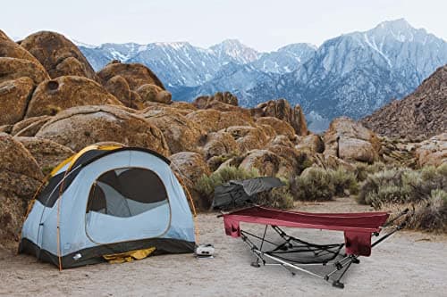 Zenithen Limited Portable Folding Metal Framed Hammock with a Retractable Canopy, Perfect for Camping, Patio, Outdoor, and Relaxing, Side Pockets Included, Red (Pack of 1)