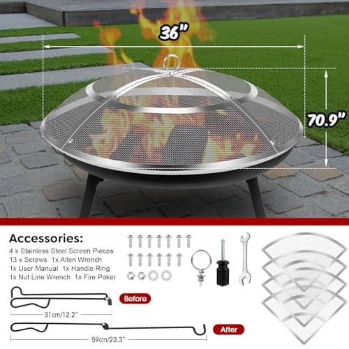 Fire Pit Spark Screen,36 Inch Fire Pit Screen Cover Stainless Steel Outdoor with Handle&Poker,Firepit Screens Cover Round Mesh Lid Heavy-Duty Steel Replacement for Backyard/Beach/RV Camping