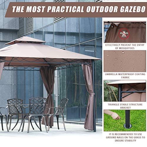 FDW 10'x13' Outdoor Patio Gazebo Heavy Duty Steel Frame Canopy with Double Roof, Privacy Curtains, for Garden, Backyard, and Lawn (Brown)