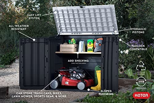 Keter Store-It-Out Prime 4.3 x 3.7 ft. Outdoor Resin Storage Shed with Easy Lift Hinges, Perfect for Yard Tools, Pool Floats and Garden Accessories, Black