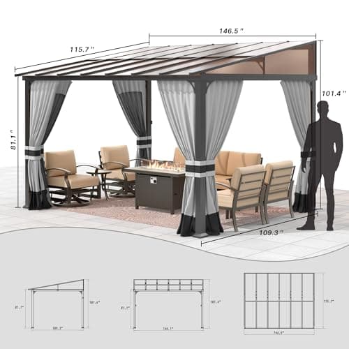 Gotland 10FTx12FT Outdoor Wall-Mounted Hardtop Pergola, Metal Frame Gazebo with Sloping Sun Panel Roof and Double Curtains for Patio, Garden, Lawn, Grey