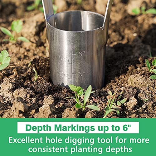 Garden Bulb Planter with 6 inches Depth Mark, Garden Bulb Transplanter Tool with Wooden Handle, Stainless Steel Soil Release Tool for Transplanting Digging Planting Flowers