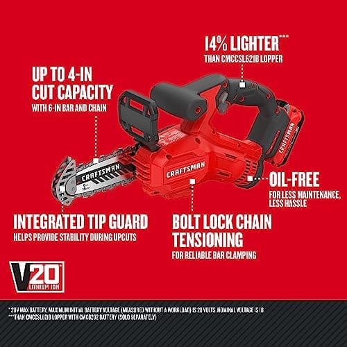CRAFTSMAN V20 Cordless Pruning Saw, 6" Chain, Small Chainsaw with Battery and Charger Included (CMCCS320D1)