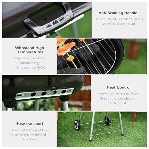 Outsunny Portable Charcoal Grill with Foldable Side Shelf and Bottom Shelf, BBQ Smoker with Wheels and Adjustable Vents on Lid for Picnic Camping Backyard Cooking, Black