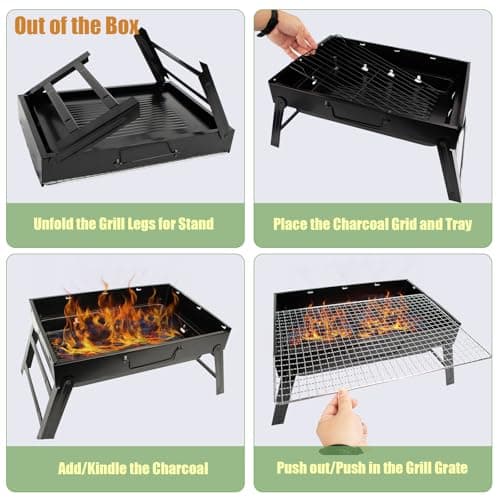 Portable Charcoal Grill for Camping Small Tabletop BBQ Grill for Picnic Trip Foldable Lightweight Barbeque Grill Set Including Tongs Skewers Basting Brush
