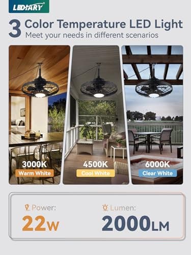 LEDIARY 20" Outdoor Ceiling Fans with Lights and Remote Control, Waterproof Caged Ceiling Fan with 3 Color LED Light,Portable Hanging Gazebo Fan with Plug in Cord Hook for Patios,Black