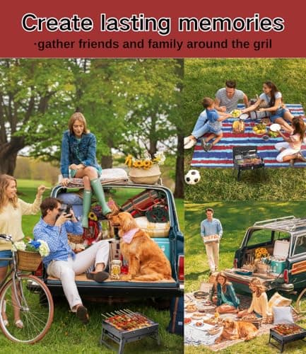 Portable Charcoal Grill Kit - 17.3" Folding BBQ Grill, Adjustable Heights,5 Skewers, 1 Spatula, 1 Fork, Mini Tabletop Grill, Small Grill Outdoor for Camping, Grilling Backyard, RV, Tailgating, Picnic