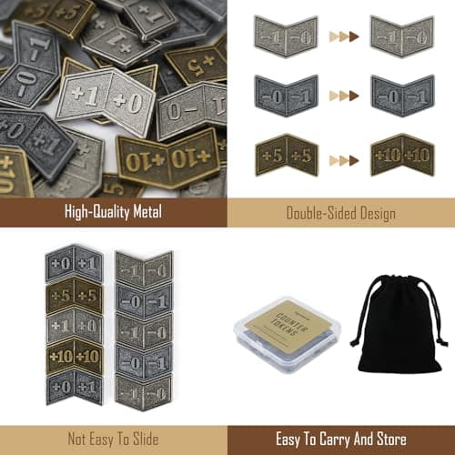 53Pcs MTG Antique Metal Buff Counter Tokens & MTG Keyword/Counters Dice Set, Magic Card Creature Stats or Loyalty Counter for TCG Card Gaming Accessories with Velvet Bag & Box