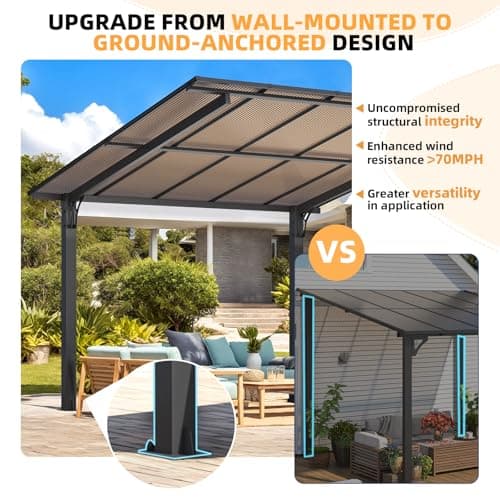 AECOJOY 12' x 10' Gazebo, Outdoor 10x12 Pergola Carport for Patio, Freestanding Lean to Hardtop Gazebo, Pergolas and Gazebos Clearance with Roof, Wall-Mounted Heavy Duty Metal Awnings for Patio, Decks