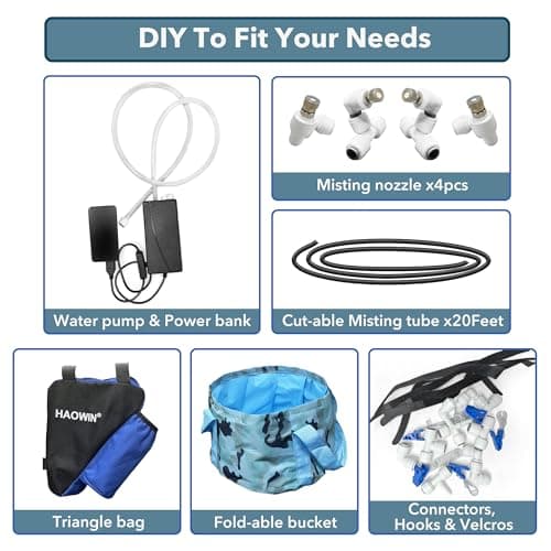 HAOWIN Portable Misting System with Water Pump, Triangle Bag and Foldable Bucket, DIY Mobile Misting Cooling System for Bike, Motorcycle, Canopy, Tent, Golf Cart, Boat, Camping, Hiking