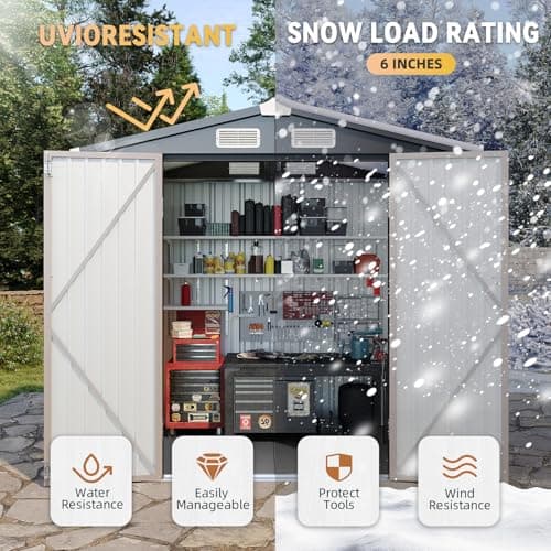 Aoxun 8x6 Shed with Floor Galvanized Steel Outdoor Storage Shed Metal Garden Shed with Double Doors, 15mm Moisture-Proof Floor & Ventilation, Sloped Roof for Bike/Generator/Tool Storage (Brown)