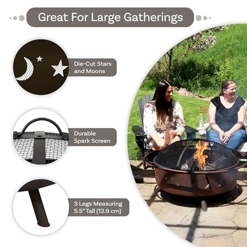 Sunnydaze Cosmic 42-Inch Large Outdoor Fire Pit - Wood-Burning Fire Pit with Round Spark Screen, Poker, and Built-in Grate