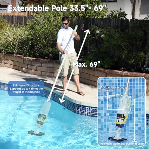 (2025 Upgraded) Cordless Handheld Pool Vacuum, Rechargeable Pool Cleaner with Telescopic Pole and Fine-Sponge, Powerful Suction, Ideal for Above & In-Ground Pools, Spas, Hot Tubs, Yellow