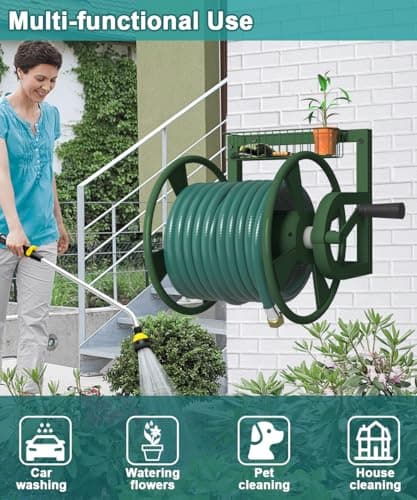 Garden Wall Mounted Hose Reel, Outdoor Heavy-Duty Water Hose Holder Winder, Holds 125 Feet of 5/8-Inch Hose, with 3.9 ft Leader Hose, Brass Fitting and Storage Basket for Yard, Green