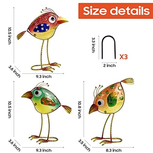 Garden Decor for Outside,Funny Metal & Glass Bird Decor for Indoor & Outdoor Set of 3,Yard Art Decor,Garden Art Statues Decorations,Colorful and Patriotic