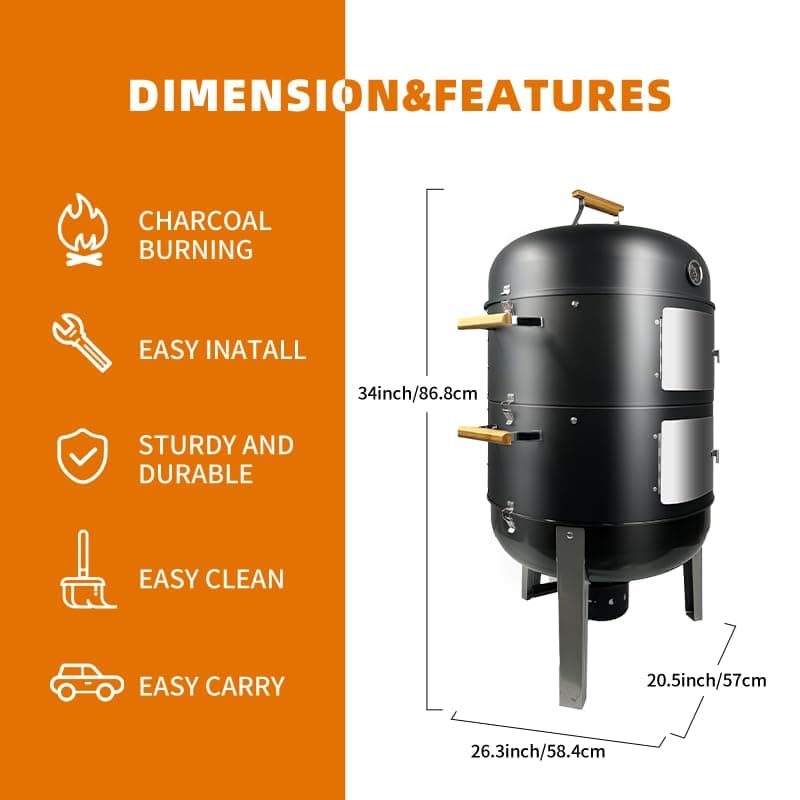 20.5" 3-in-1 BBQ Smoker Grill Built in Thermometer, Air Vent and 2 Access Doors, Multi-Layer Meat Smoker with 5 Bamboo Handles and Rib hanger set with 4 Hooks, Parties, Backyard, BBQ