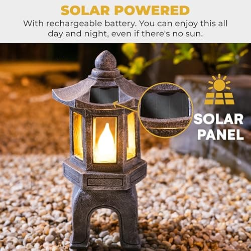 VP Home Solar-Powered Pagoda Garden Statues - Japanese Zen Lantern Outdoor Decor with Flickering LED Light - Durable Polyresin for Yard, Patio, or Garden - 12 x 7 x 6 Inches (Zen Garden Pagoda)