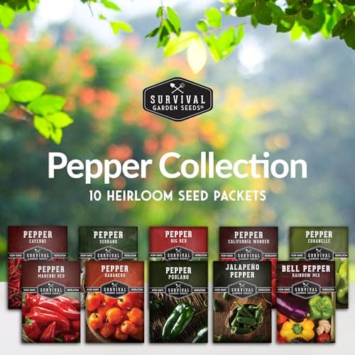 10 Pepper Variety Pack Seed Vault - Serrano, Big Red, California Wonder, Cayenne, Cubanelle, Orange Habanero, Jalapeño, Marconi, Rainbow Bell, Poblano Pepper - Non-GMO Heirloom Survival Garden Seeds