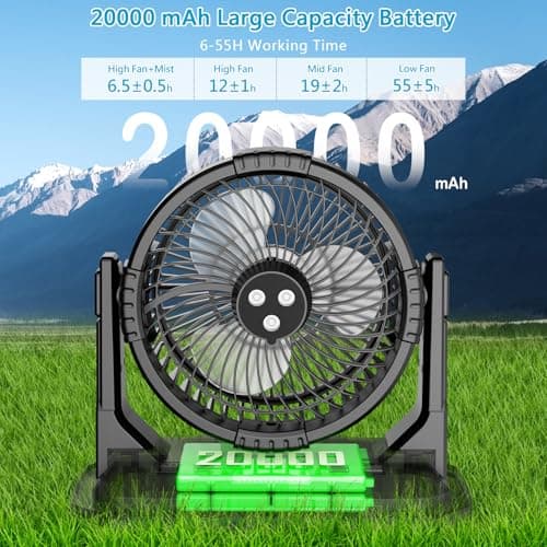 GHORA Portable Misting Fan with Remote,Camping Fan with 20000mAh Rechargeable Battery,9L Water Tank,4 Speed Levels,4 Spray Modes,RGB Lights for Fishing,Travel,Garden Parties,Outdoor Indoor Cooling