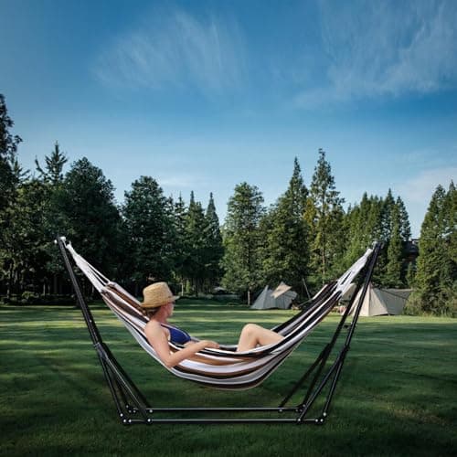Hammock with Foldable Steel Stand,Frabic Tension Adjustable,Carrying Bag Included, 616 lbs Weight Capacity, Portable Suitable for Outside Garden Yard Outdoor Inhouse Multicolour
