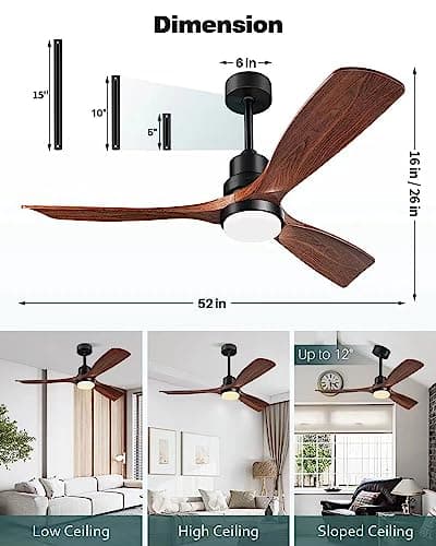 Ceiling Fans with Lights and Remote, 52 Inch Outdoor Ceiling Fan for Patios with Light 3 Downrods, 3 Blades Modern Ceiling Fan Noiseless Reversible DC Motor, Wood Fan for Farmhouse