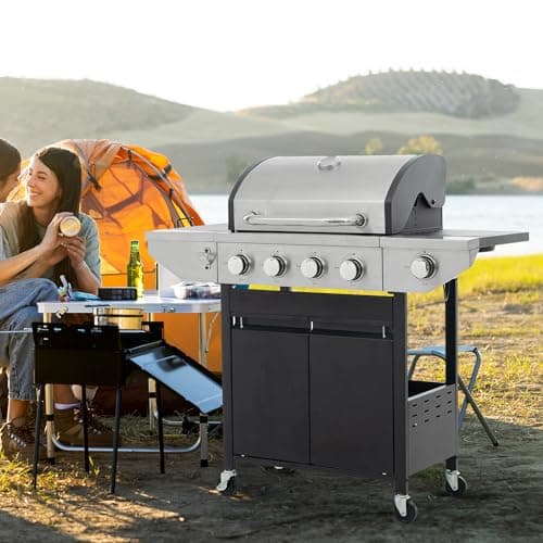 4 Burner Outdoor Propane Gas Grill with Side Burner & Thermometer, Stainless Steel Barbecue Grill with Wheels for Patio BBQ Cooking, Camping
