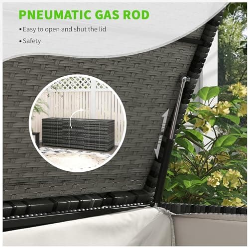 Outsunny 175 Gallon Outdoor Storage Box with Inner Liner, PE Rattan Wicker Deck Box with Pneumatic Bar Lift for Indoor & Outdoor, Patio Furniture Cushions, Pool Supplies, Garden Tools, Mixed Gray