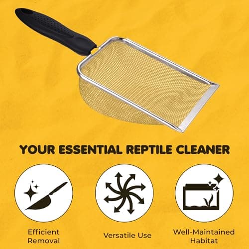 SunGrow Cat, Reptile Sand Scoop, Stainless Steel Fine Mesh Net for Lizard, Gecko, Snake Habitat, Substrate and Gravel Sifter, Black Non-Slip Handle Sifter, 11” x 4” x 2”, 1 Pc