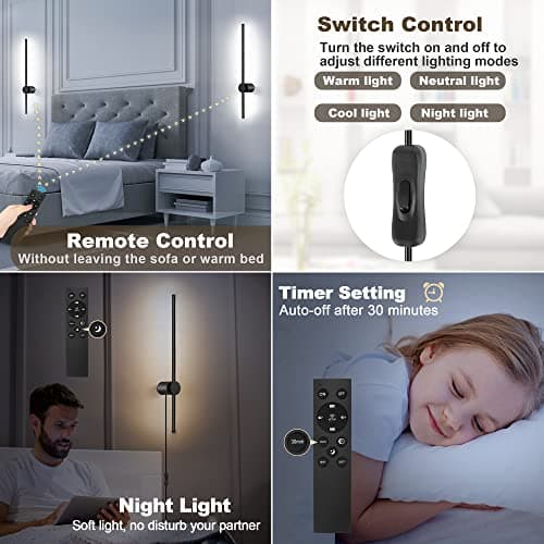 Wall Sconces Set of Two with Remote, Stepless Colors 3000K-6500K & Stepless Dimming, Hardwire or Plug-in, 180° Rotate, LED Black Plug in Wall Sconces with Timer & Night Light, 23.6 Inches