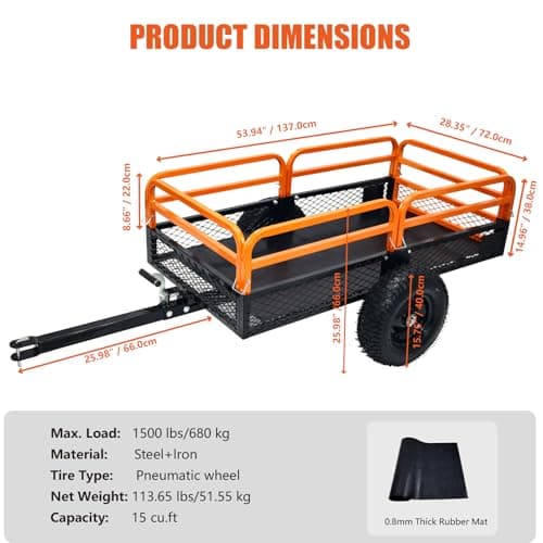 ATV Trailer Steel Dump Cart, 1500 Pounds 15 Cubic Feet Utility Trailer Yard Garden Trailer with Heavy Duty Tow Behind Carts and Removable Sides for Tractors, ATV, UTV, Lawn Mowers