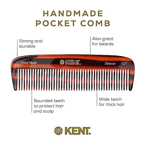 KENT 12T Wide Tooth Detangling Comb - 5.5" Handmade Pocket Comb for Thick, Curly, and Wavy Hair, Large Tooth Grooming Comb for Hair, Beard, and Mustache - Saw-Cut and Hand Polished