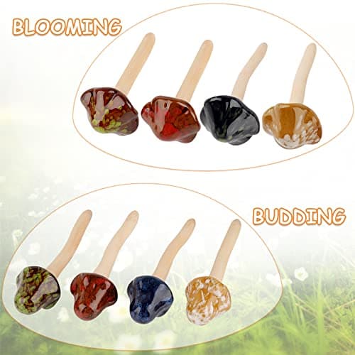 8Pcs Ceramic Garden Mushrooms Figurine Decorative Plants Stakes Accessories Lawn Ornaments Statue for Outdoor (Random Color) (Blooming-1)