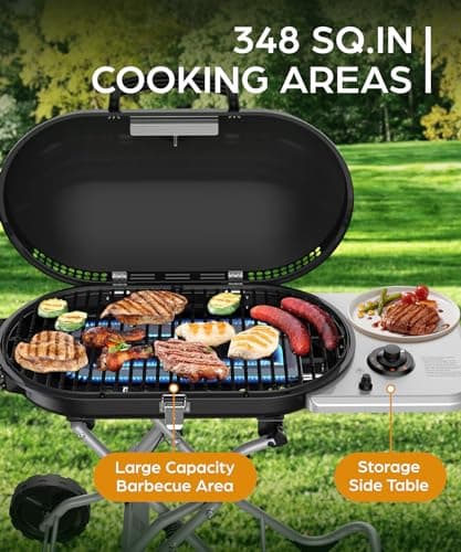 Joy Pebble Portable Propane Gas Grill, 15000BTUS,BBQ Gas Grill with 348 SQ Inch Large Cooking Areas, Sturdy Quick-Fold Legs, Portable & Foldable BBQ Grill for Outdoor Camping/Tailgating/Picnic, Black