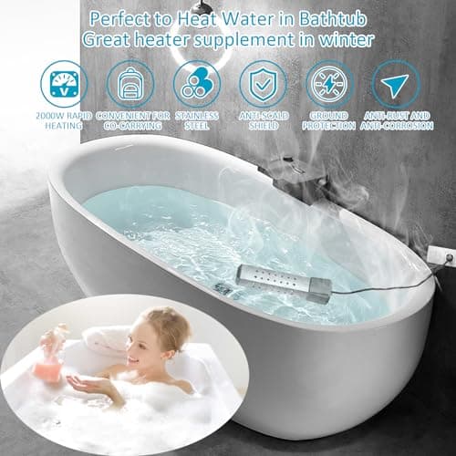 Immersion Water Heater,Pool Heater for Inflatable Pool, Portable Hot Tub Heater with Stainless Steel Protection Guard and LCD Digital Thermometer,Heat Water Fast in Small Pool,Bucket and Bathtub.