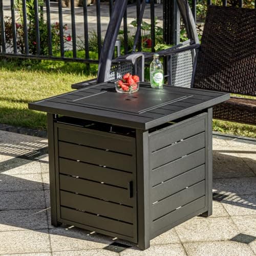 28 inch Propane Fire Pit Table, Outdoor Gas Fire Pits with Lid & Lava Rock, 50000 BTU Firepit for Dinning, Party in Outside, Patio, Garden or Yard (Black)