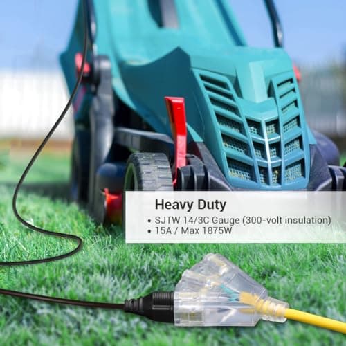 DEWENWILS 25 FT 14/3 Gauge Extension Cord Outdoor Tri-Tap Extension Cord Splitter, Heavy Duty Power Cable SJTW 15 Amp for Multiple Appliances, LED Lighted Plug, ETL Liste