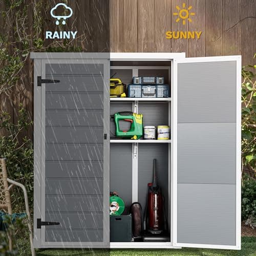 DWVO Outdoor Vertical Storage Shed with 2 Shelves, 49 Cu Ft Waterproof Resin Garden Shed with Floor & Lockable Door, Plastic Tall Tool Cabinet for Garbage Cans, Lawn Equipment, Garden Supplies (Gray)