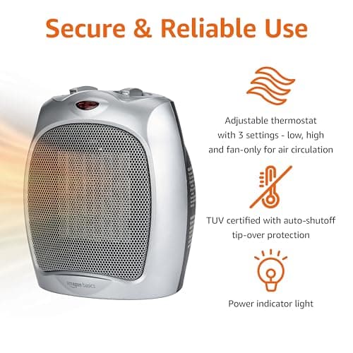 Amazon Basics Ceramic Space Heater, Portable Heater for Indoor Use, for Office and Home, With Overheat and Tip-Over Protection, Thermostat, Non-Oscillating, 1500W, Silver, 7.52"D x 6.34"W x 9.45"H