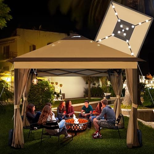 Yaheetech 11'x11' Pop Up Gazebo Instant Tent with 17 Solar LED Lights & Zippered Mesh Netting, Outdoor Shelter Sun Shade Gazebo with Sandbags for Backyard Garden Patio, Khaki & Brown