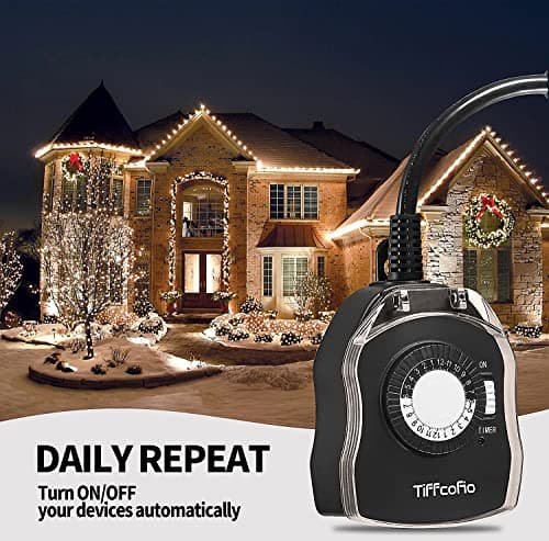 TiFFCOFiO Outdoor Timers Waterproof, 24 Hour Mechanical Outdoor Timer for Lights, Outdoor Outlet Timer, 2 Grounded Outlets for Yard and Garden, 15A 1/2HP, CSA Listed, 2 Pack