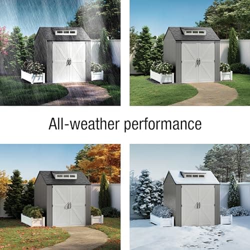 Rubbermaid Resin Outdoor Storage Shed With Floor (7 x 7 Ft), Weather Resistant, Gray, Organization for Home/Backyard/Garden Tools/Lawn Mower/Bike Storage/Pool Supplies