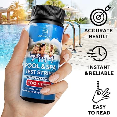 7-in-1 Accurate Pool Test Strips - 100 Hot Tub Spa Test Strips - Quick Pool Water Testing Kit - Bromine, pH, Hardness, Alkalinity, Chlorine & Cyanuric Acid - Perfect for Any Pools, Spa, Hot tubs