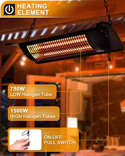 Star Patio Electric Patio Heater, Outdoor Heater, 750W/1500W Ceiling Infrared Heater with Rectangular Shape, Black, Silent Heating Hanging Patio Heater, IP44 Waterproof Outdoor Heaters, STP2066-CN2024